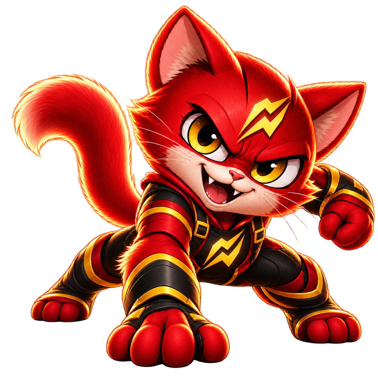 The red cat in a heroic landing pose