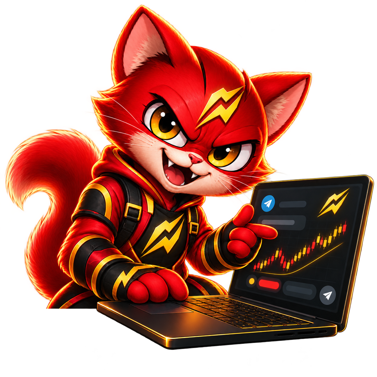 The red Nitro cat using the trading bot on a laptop
