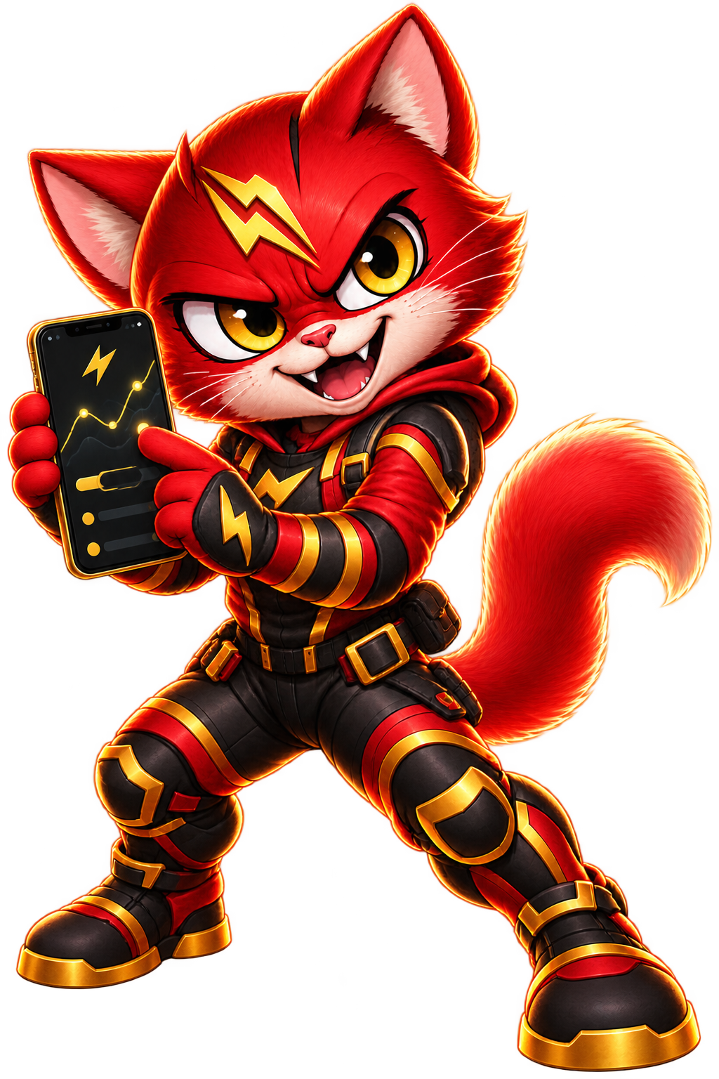 The red Nitro cat using the trading bot on a phone